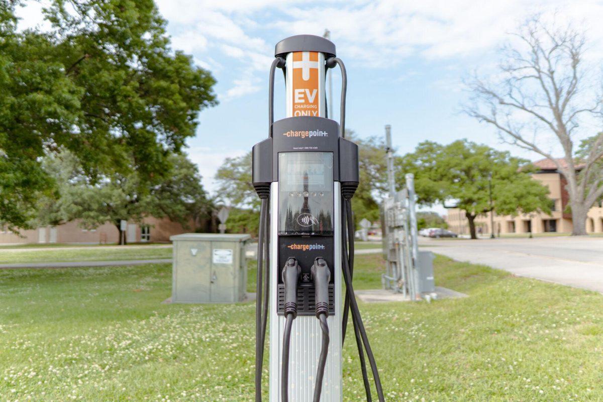 An electric vehicle charging station sits on Sunday, April 17, 2022, in the South Quad Drive parking lot in Baton Rouge, La.