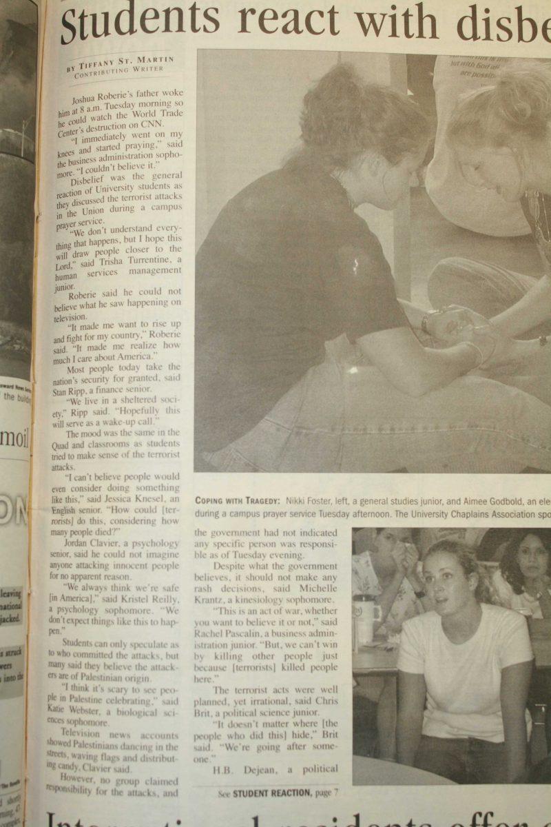 Article headlined "Students react with disbelief" written by Tiffany St. Martin, published in the Sept. 12, 2001, edition of the Reveille.&#160;