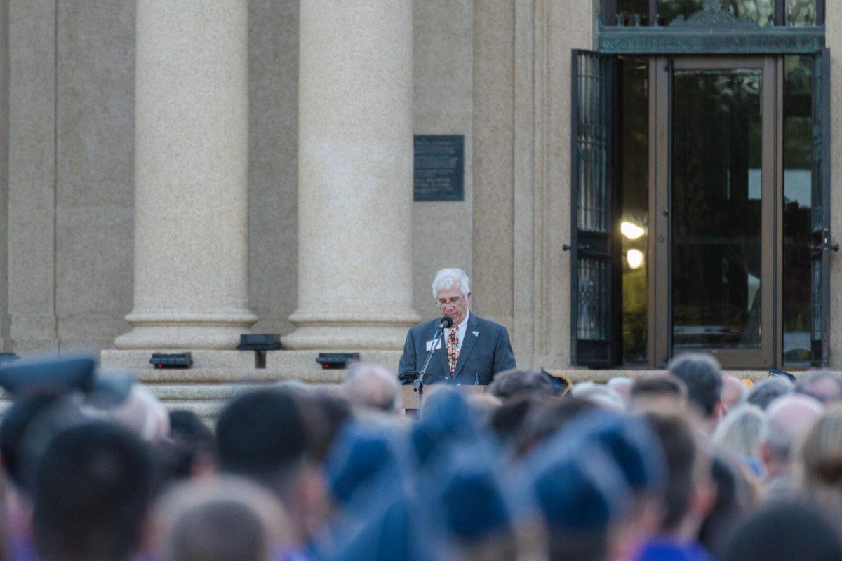 The master of ceremonies begins the proceedings on Thursday, April 7, 2022, during the LSU Memorial Tower Museum ceremony on Tower Drive in Baton Rouge, La.