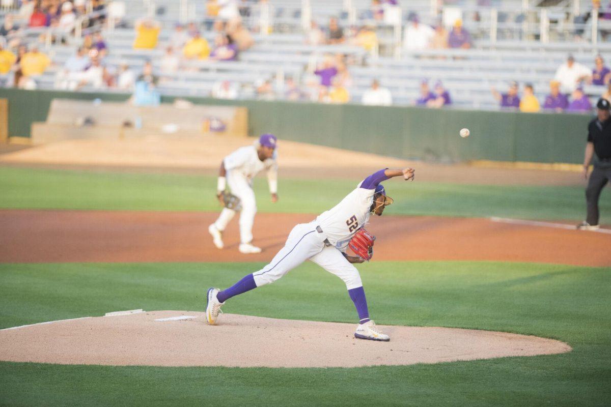 LSU baseball senior right-handed pitcher Ma&#8217;khail Hillard (52) pitches the ball Thursday, April 21, 2022, during the game against the University of Missouri at Alex Box Stadium on Gourrier Avenue in Baton Rouge, Louisiana.