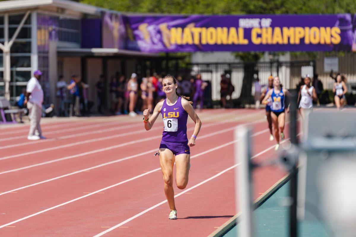 LSU track and field sophomore Hannah Carroll approaches the finish on Saturday, April 2, 2022, during the 800m run at the Battle on the Bayou track meet at Bernie Moore Stadium in Baton Rouge, La.