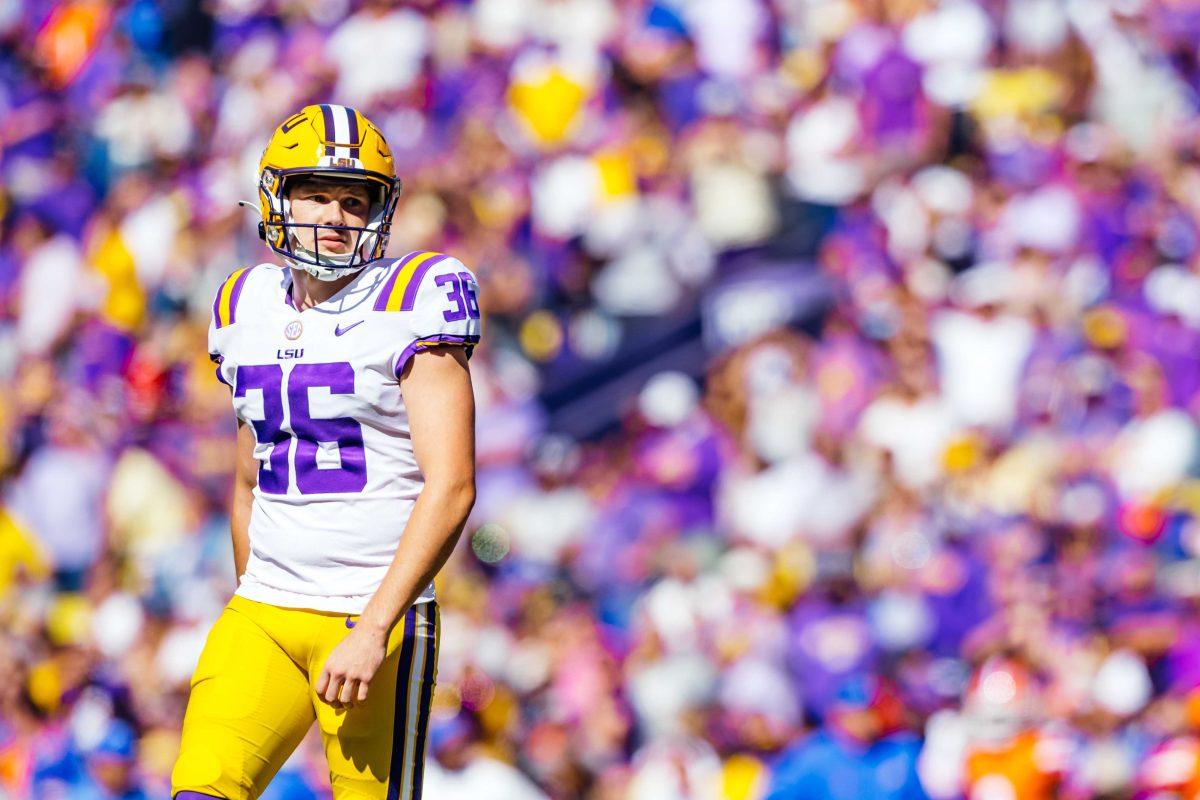 LSU football junior placekicker Cade York (36) gazes at the crowd before he kicks Saturday, Oct. 16, 2021, during LSU's 49-42 win against Florida at Tiger Stadium in Baton Rouge, La.