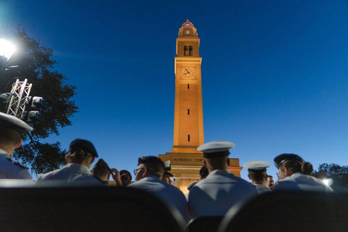 Memorial Tower glows on Thursday, April 7, 2022, during the LSU Memorial Tower Museum ceremony on Tower Drive in Baton Rouge, La.