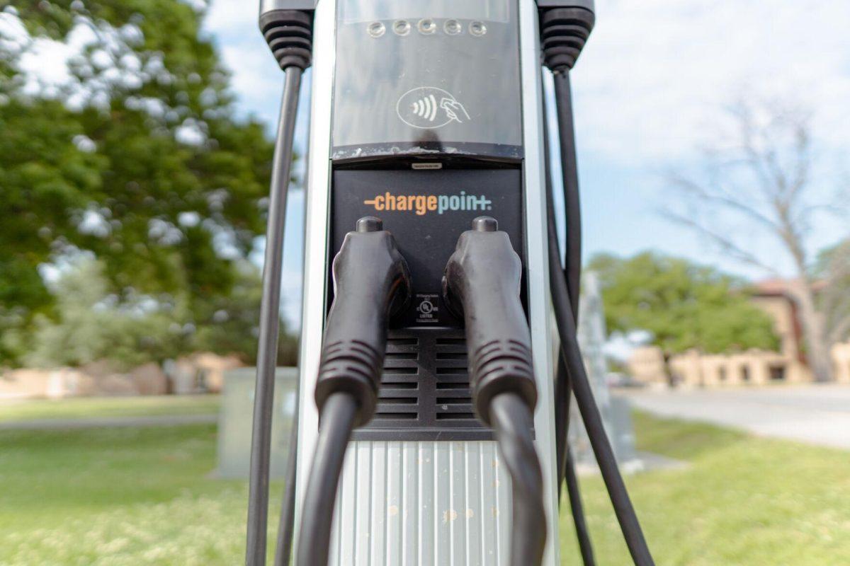 An electric vehicle charging station sits on Sunday, April 17, 2022, in the South Quad Drive parking lot in Baton Rouge, La.