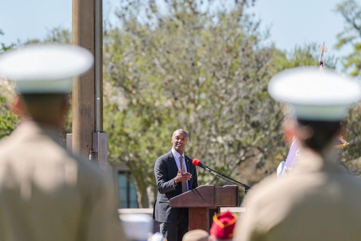 President Tate speaks on Thursday, April 7, 2022, at the change of command ceremony on the LSU Parade Ground on Highland Road in Baton Rouge, La.