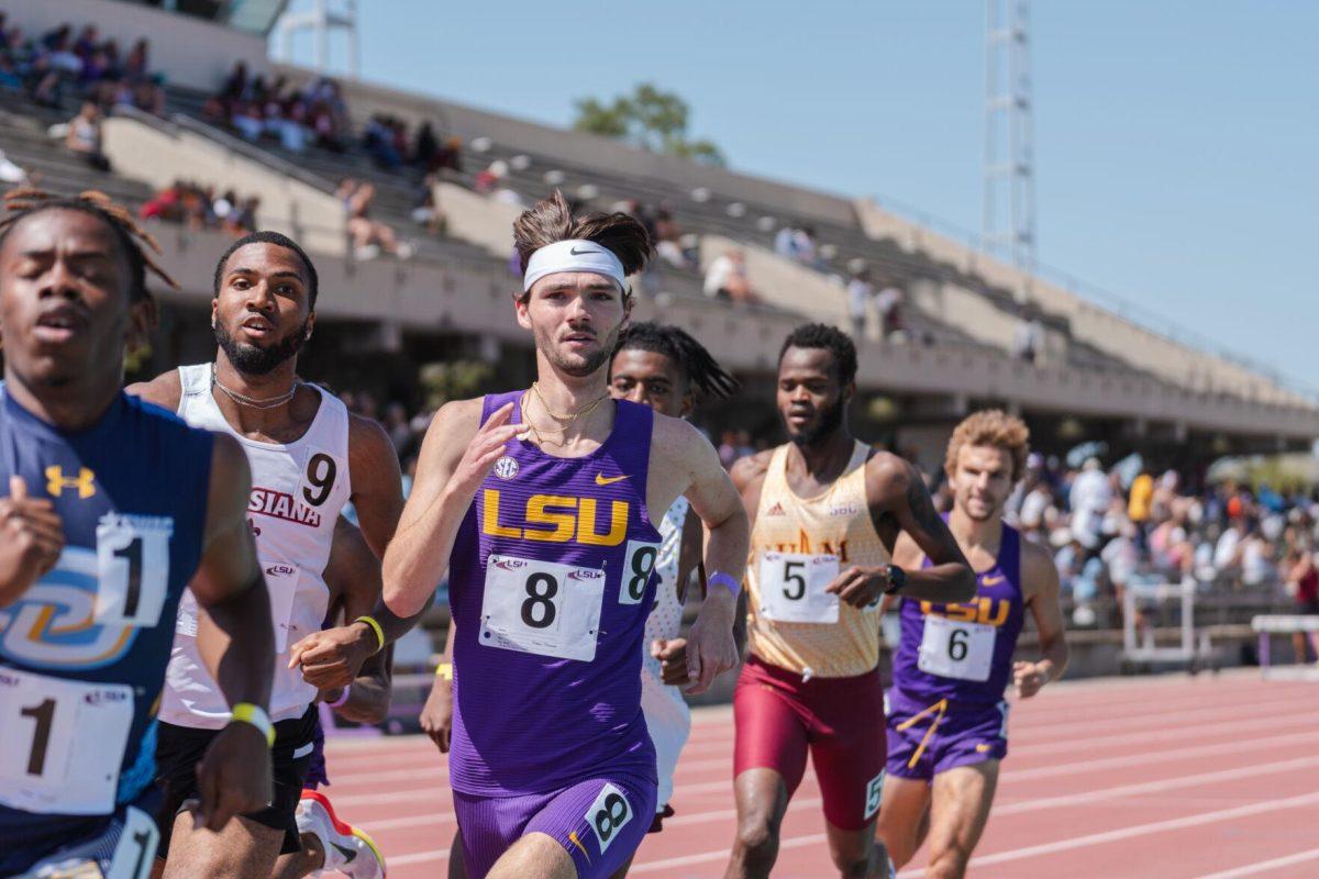 LSU track and field distance senior Thomas Daigle rounds the turn on Saturday, April 2, 2022, during the 800m run at the Battle on the Bayou track meet at Bernie Moore Stadium in Baton Rouge, La.