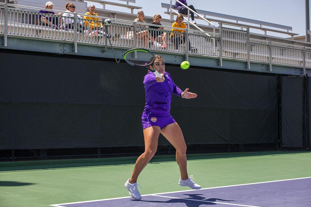 LSU women&#8217;s tennis graduate student Ena Babic returns the ball with a forehand Friday, April 8, 2022, during LSU&#8217;s 7-0 loss against Texas A&amp;M in the LSU Tennis Complex on Gourrier Avenue in Baton Rouge.