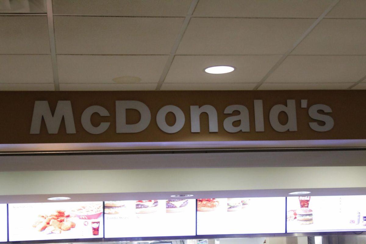 The McDonald's signs sits above on Friday, April 8, 2022, at the LSU Student Union in Baton Rouge, La.