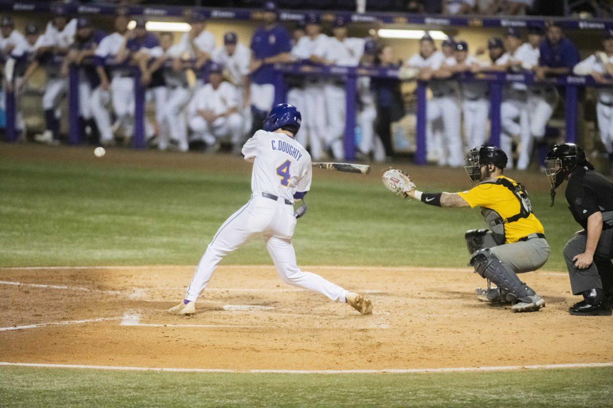 LSU baseball redshirt sophomore infield Cade Doughty (4) prepares to swing at the ball Thursday, April 21, 2022, during the game against the University of Missouri at Alex Box Stadium on Gourrier Avenue in Baton Rouge, Louisiana.