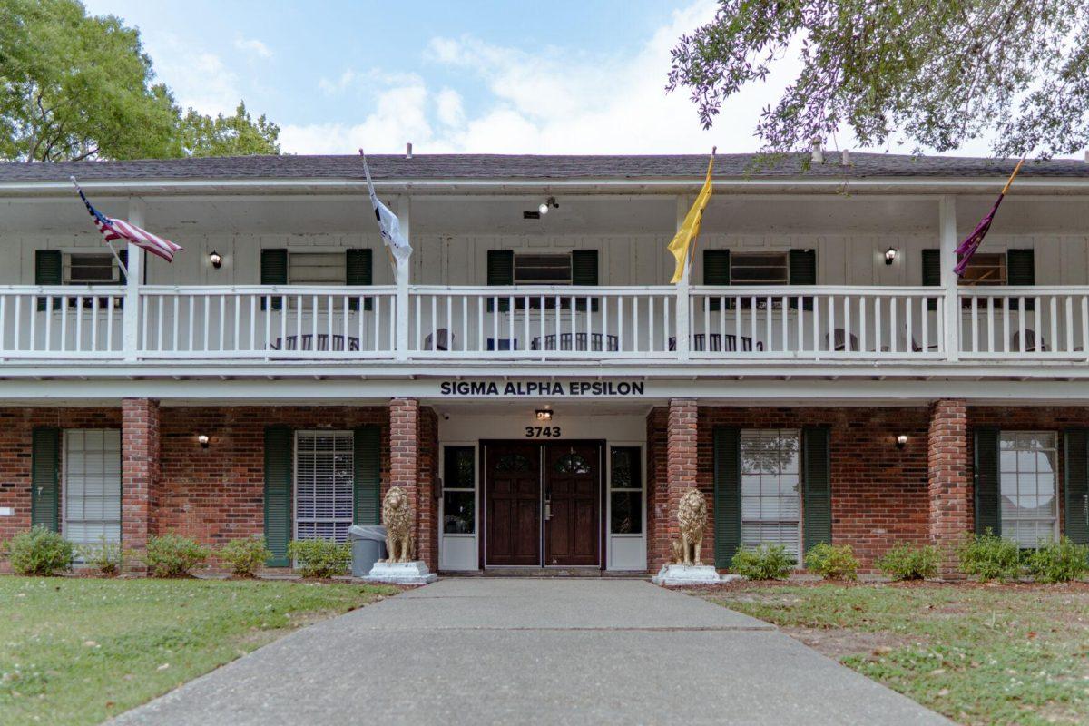 The Sigma Alpha Epsilon house sits in silence on Sunday, April 17, 2022, on West Lakeshore Drive in Baton Rouge, La.