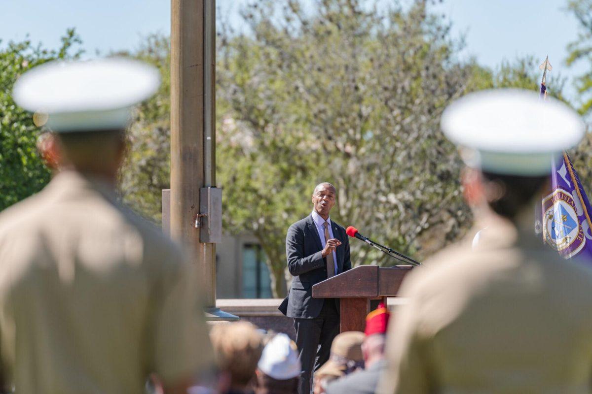 President Tate speaks on Thursday, April 7, 2022, at the change of command ceremony on the LSU Parade Ground on Highland Road in Baton Rouge, La.