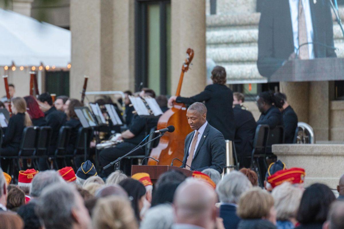 President Tate speaks on Thursday, April 7, 2022, during the LSU Memorial Tower Museum ceremony on Tower Drive in Baton Rouge, La.