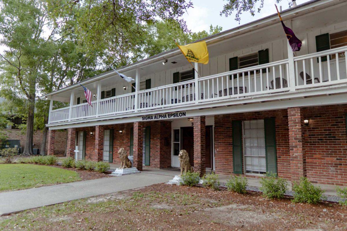 The Sigma Alpha Epsilon house sits in silence on Sunday, April 17, 2022, on West Lakeshore Drive in Baton Rouge, La.