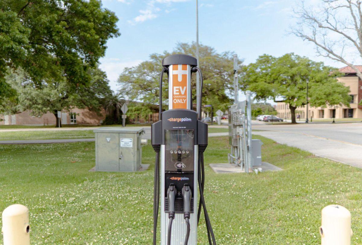 An electric vehicle charging station sits on Sunday, April 17, 2022, in the South Quad Drive parking lot in Baton Rouge, La.