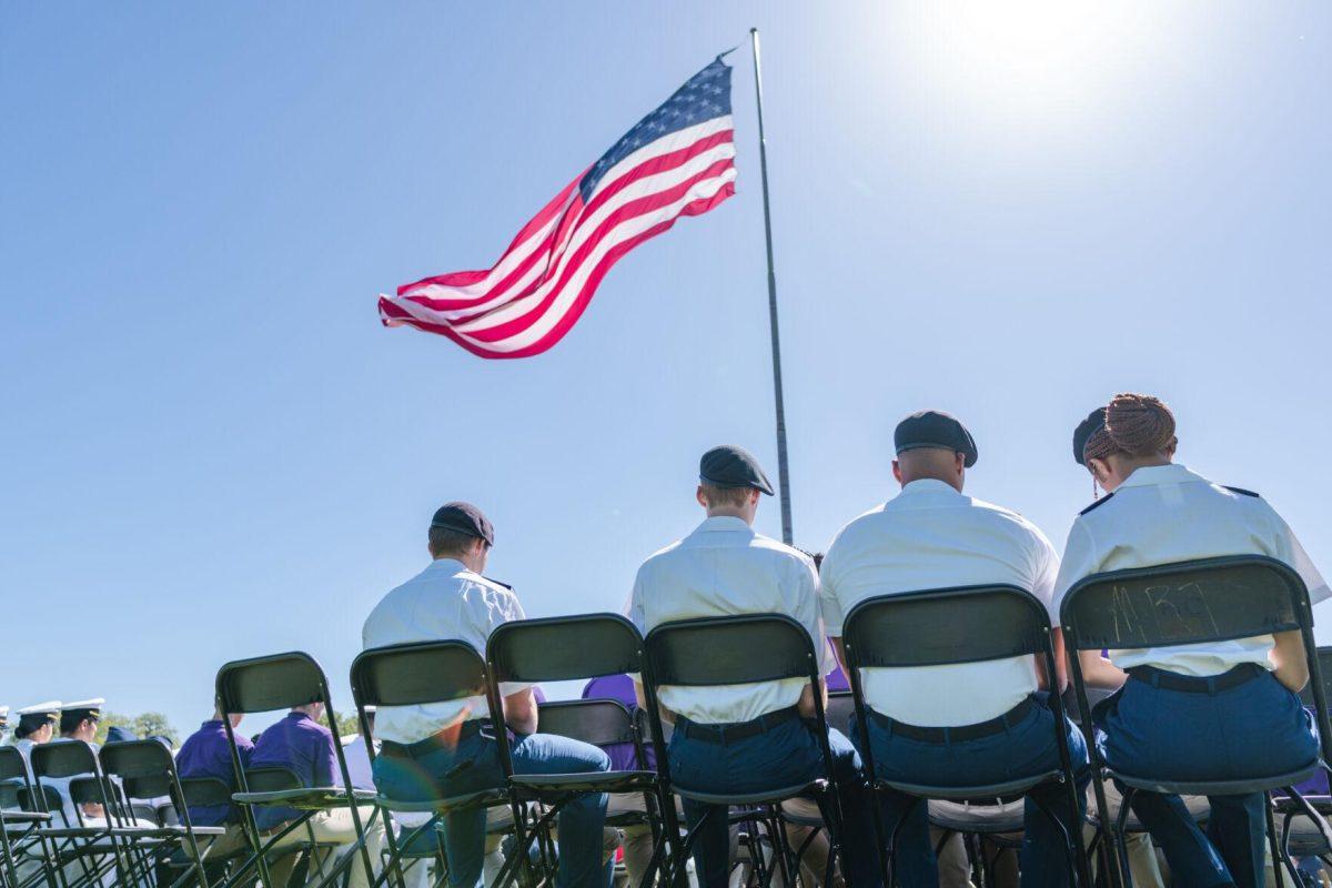 Cadets watch the ceremony on Thursday, April 7, 2022, at the change of command ceremony on the LSU Parade Ground on Highland Road in Baton Rouge, La.