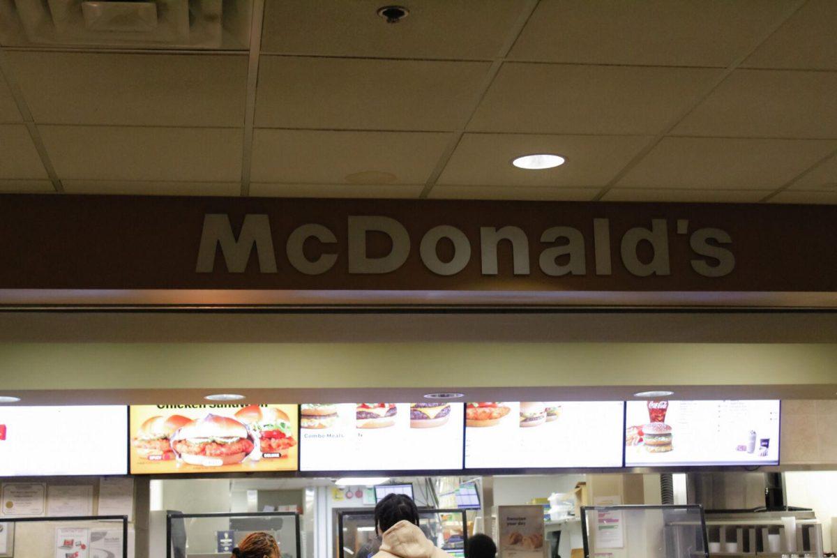 The McDonald's signs sits above on Friday, April 8, 2022, at the LSU Student Union in Baton Rouge, La.