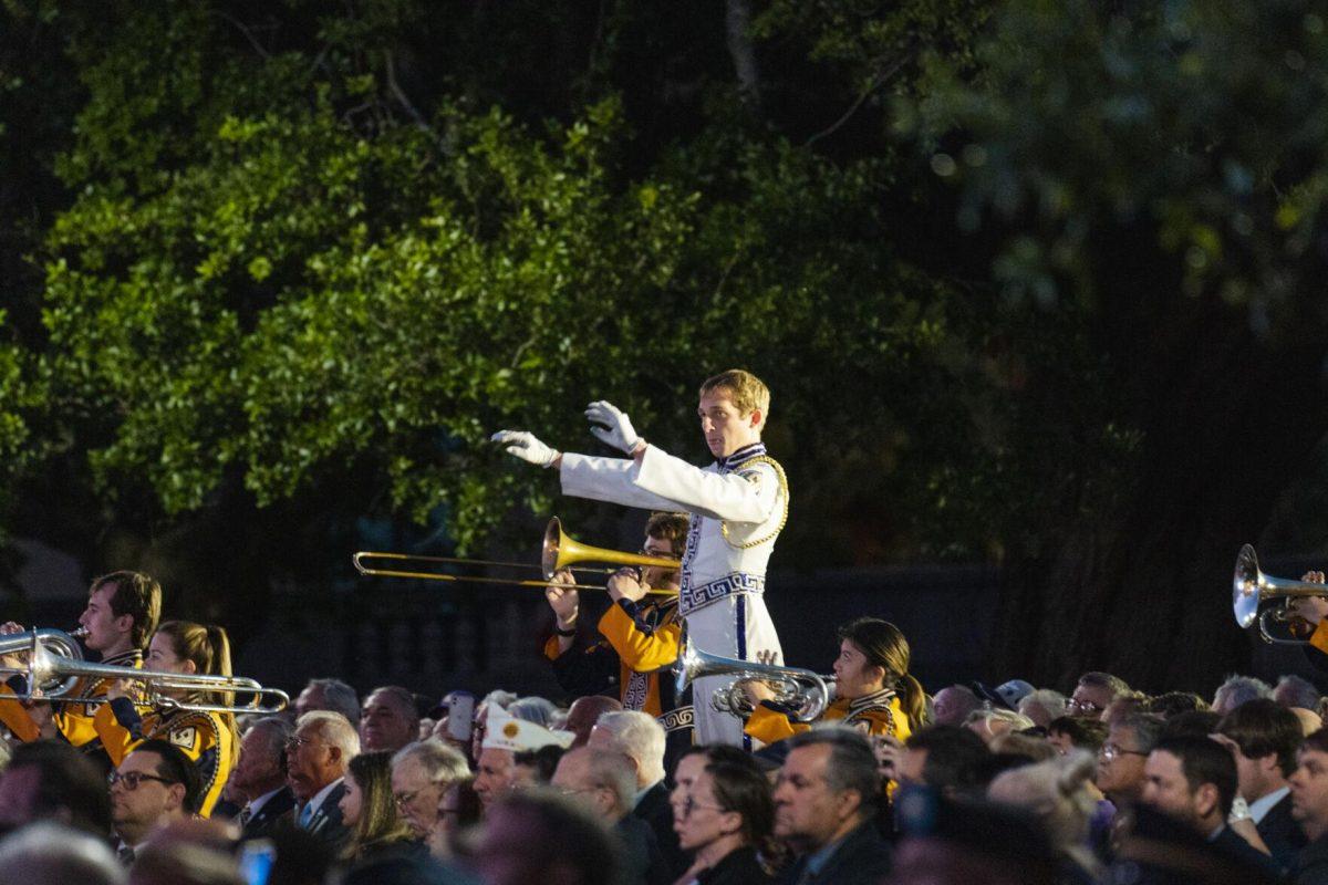 The band plays a final song on Thursday, April 7, 2022, during the LSU Memorial Tower Museum ceremony on Tower Drive in Baton Rouge, La.