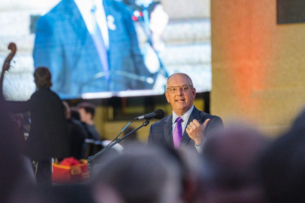 Governor John Bel Edwards makes the closing remarks on Thursday, April 7, 2022, during the LSU Memorial Tower Museum ceremony on Tower Drive in Baton Rouge, La.