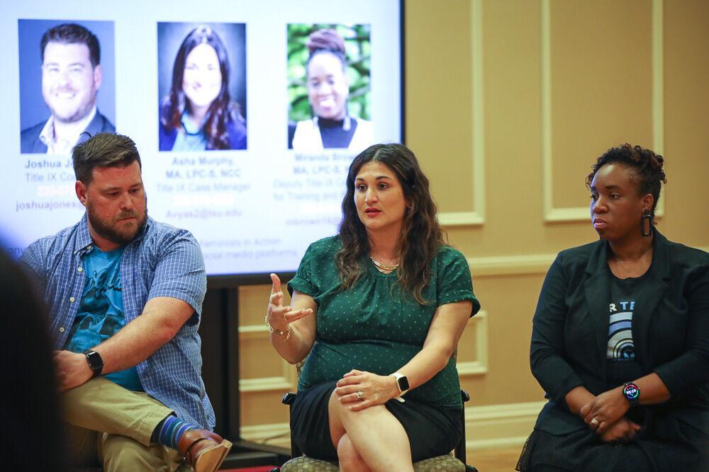 Title IX Case Manager Asha Murphy responds to a student&#8217;s question during the Title IX round table discussion Tuesday, April 5, 2022, in the Student Union on LSU&#8217;s campus.