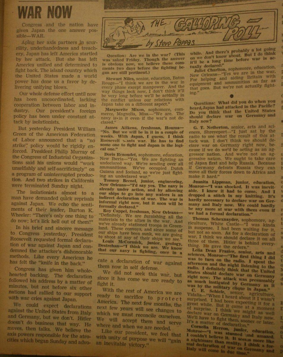 An article titled "War Now" from the Dec. 9, 1941, issue of the Reveille following the bombing of Pearl Harbor on Dec. 7.&#160;