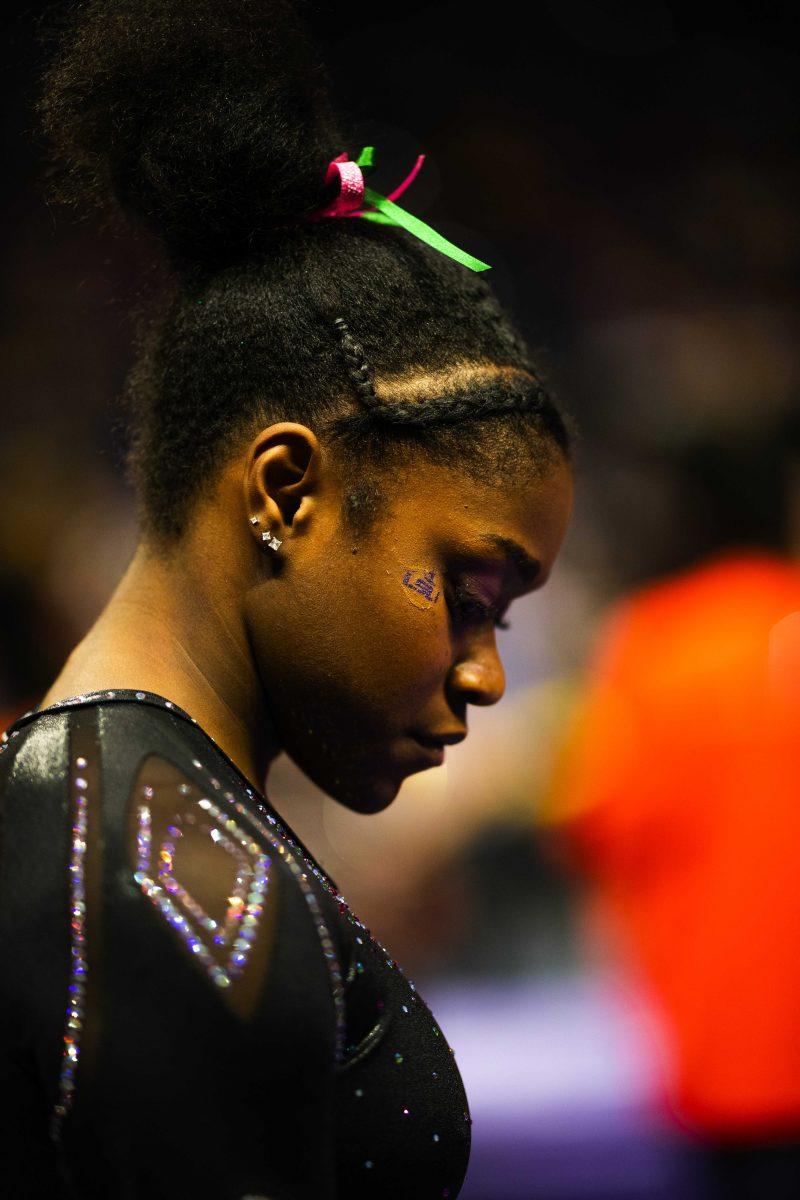 LSU gymnastics junior all-around Kiya Johnson gets locked in before the vault Saturday, Feb. 5, 2022 during LSU's 197.975-197.750 win over Auburn in the Pete Maravich Assembly Center on N. Stadium Drive in Baton Rouge, La.