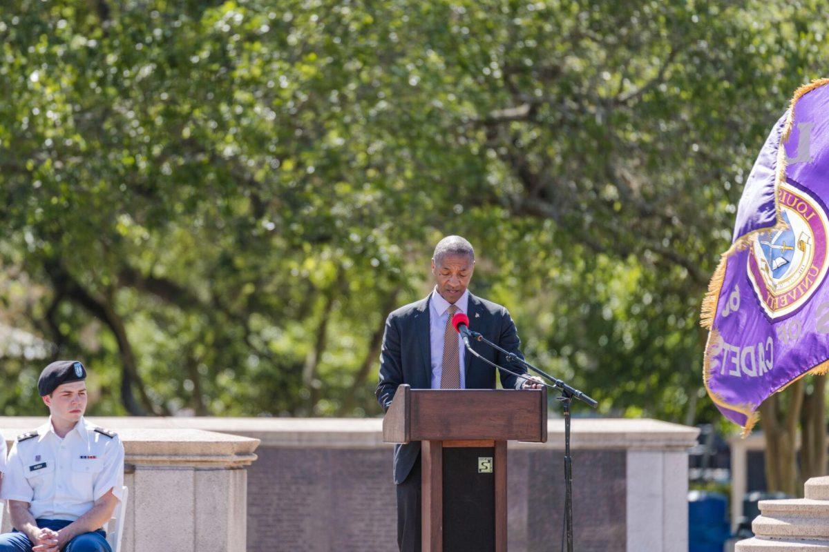 President Tate speaks on Thursday, April 7, 2022, at the change of command ceremony on the LSU Parade Ground on Highland Road in Baton Rouge, La.