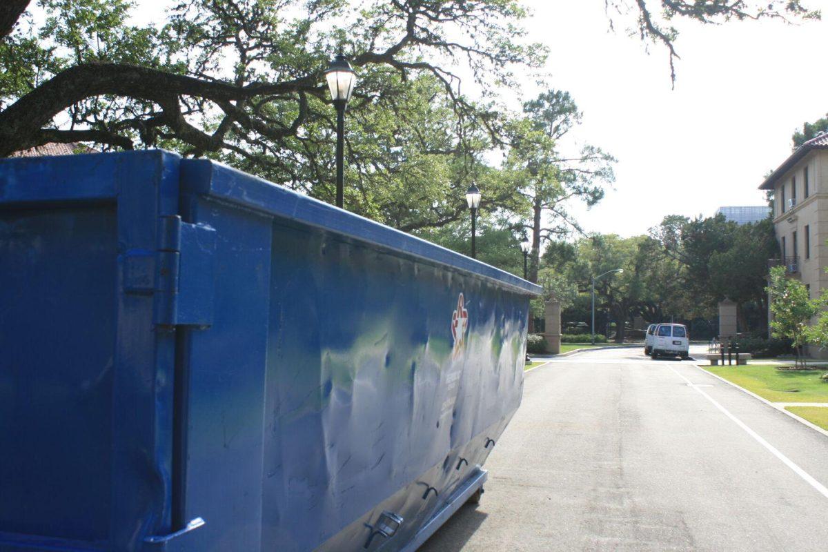 A temporary dumpster sits inside the Horseshoe Complex on Monday, May 16, 2022.