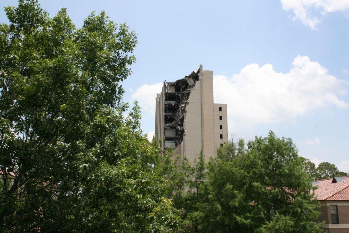 Kirby Smith demolition progress, as can be seen from West Campus Apartments on Friday, May 20, 2022.