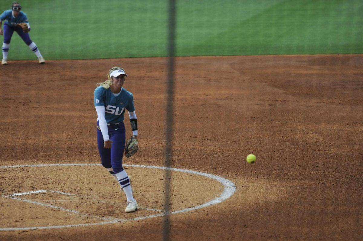 LSU redshirt junior pitcher Shelby Wickersham (11) pitches on the mound Saturday, April 30, 2022, during LSU&#8217;s 6-1 defeat against Florida at Tiger Park on Skip Bertman Drive in Baton Rouge, La.