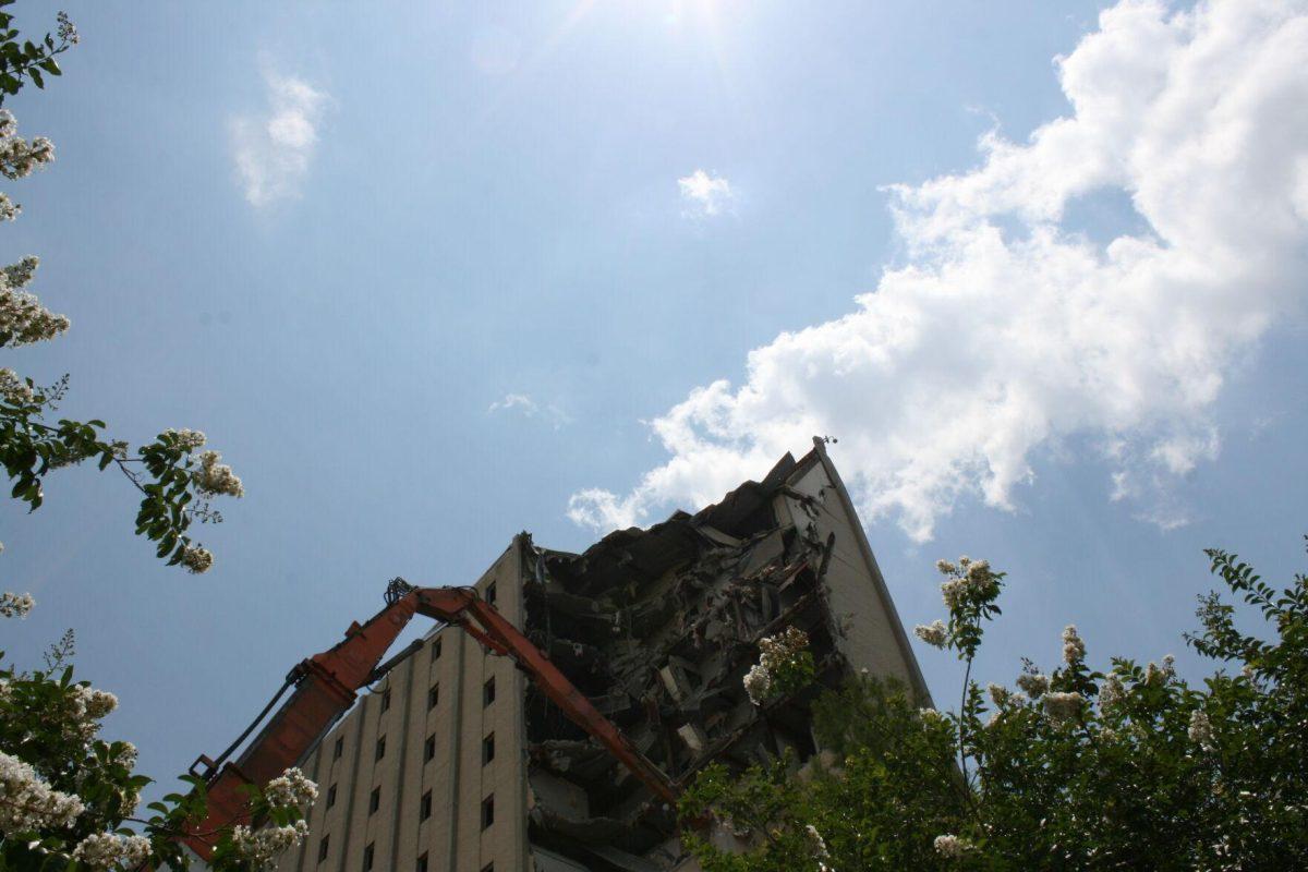 The heavens rejoice as campus' most ugly, decrepit building is finally cleared out. Demolition progress as of Friday, May 20, 2022.