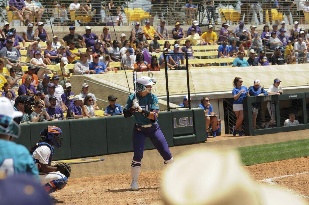 LSU 5th year senior pitcher Shelby Sunseri (27) gets ready to swing Saturday, April 30, 2022, during LSU&#8217;s 6-1 defeat against Florida at Tiger Park on Skip Bertman Drive in Baton Rouge, La.