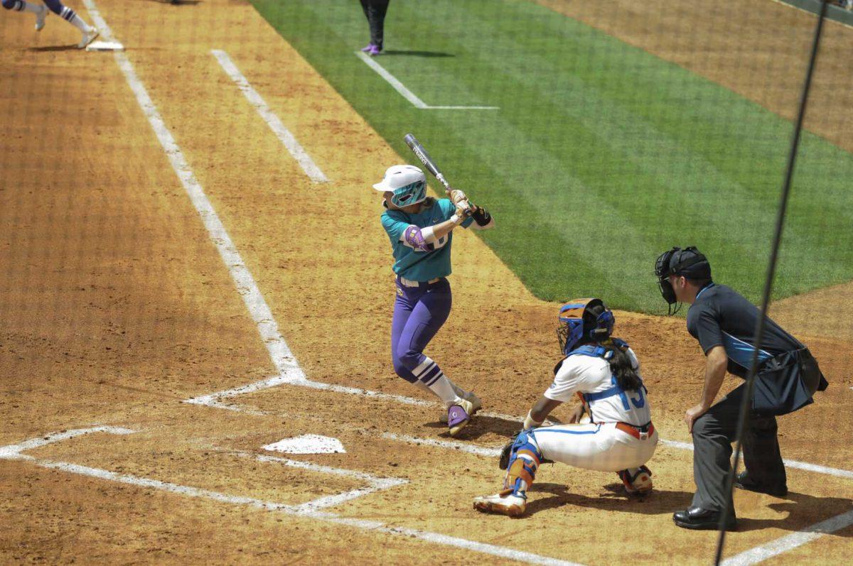 LSU redshirt sophomore outfielder Ciara Briggs (88) gets ready to swing Saturday, April 30, 2022, during LSU&#8217;s 6-1 defeat against Florida at Tiger Park on Skip Bertman Drive in Baton Rouge, La.