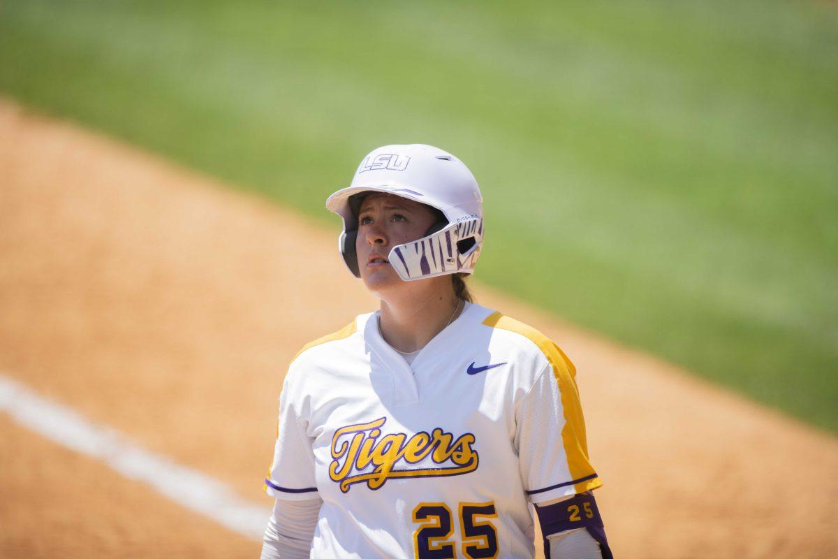 LSU softball redshirt junior infielder Georgia Clark (25) looks up into the crowd before her at bat Sunday, May 1, 2022, during the Tigers' 2-1 loss against Florida at Tiger Park in Baton Rouge, La.