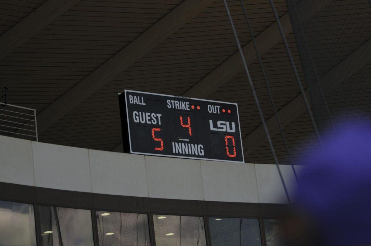 The scoreboard sits above the press box Saturday, April 30, 2022, during LSU&#8217;s 6-1 defeat against Florida at Tiger Park on Skip Bertman Drive in Baton Rouge, La.