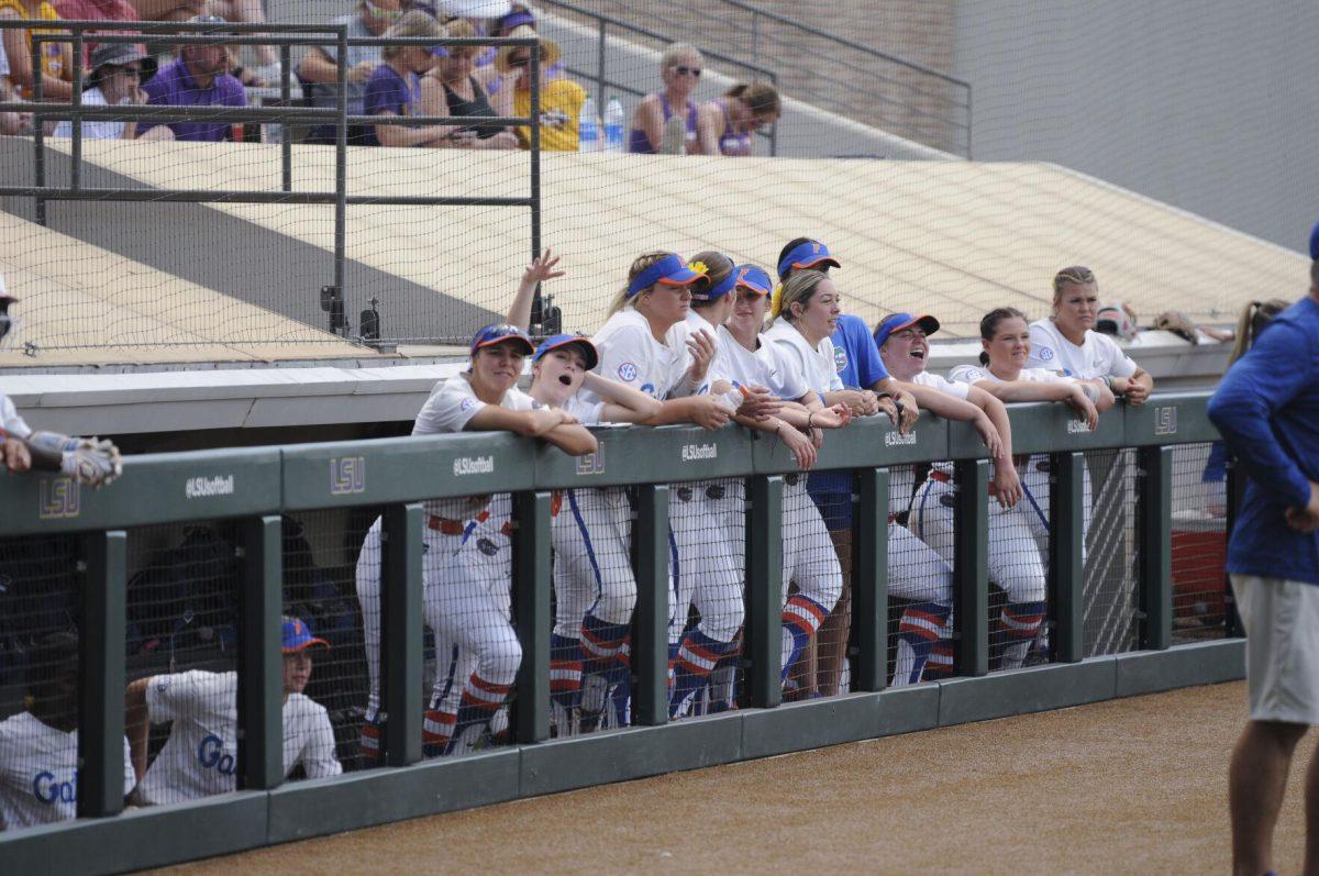 The University of Florida's softball team watches from the dugout Saturday, April 30, 2022, during LSU&#8217;s 6-1 defeat against Florida at Tiger Park on Skip Bertman Drive in Baton Rouge, La.