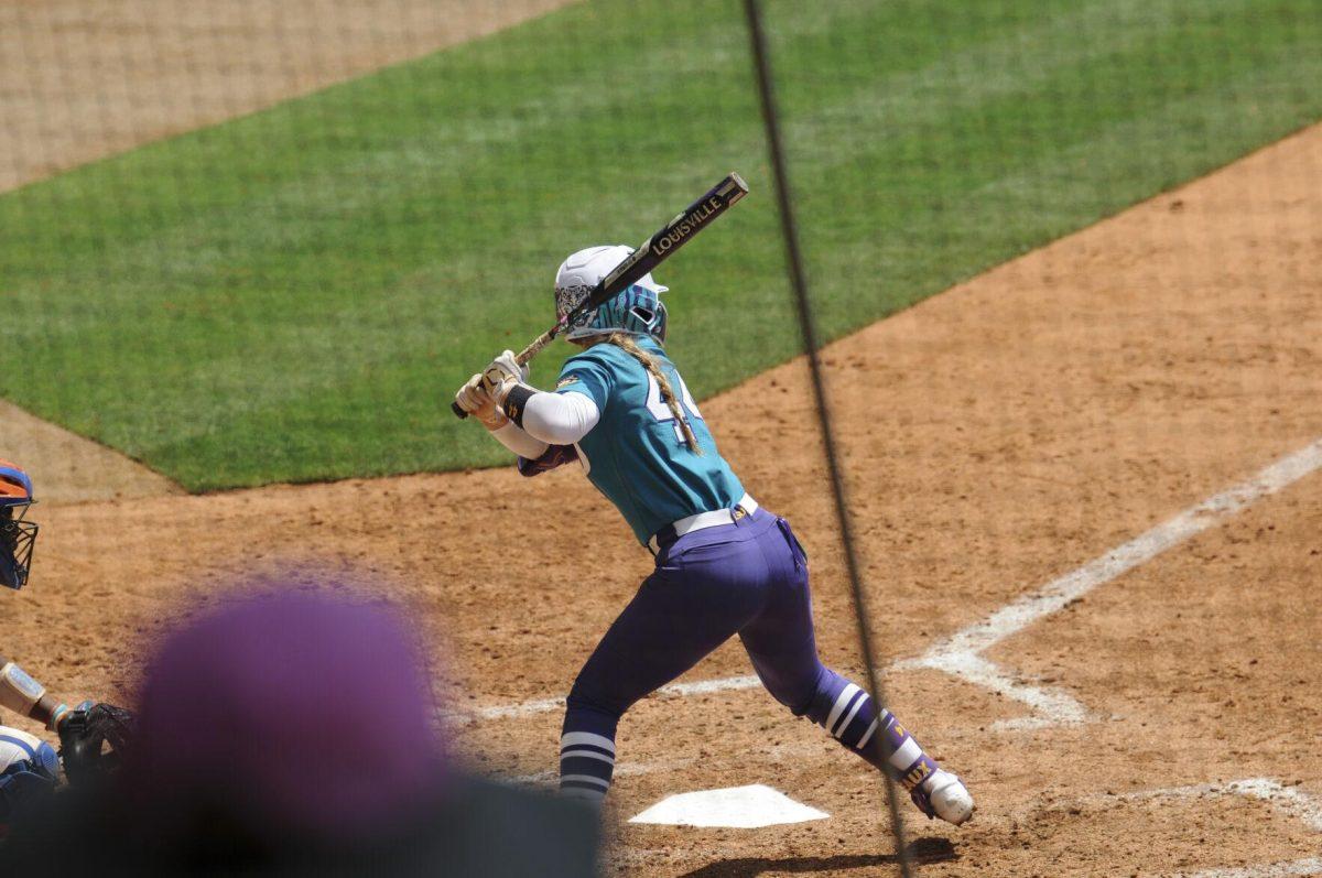 LSU sophomore outfielder Ali Newland (44) gets ready to swing Saturday, April 30, 2022, during LSU&#8217;s 6-1 defeat against Florida at Tiger Park on Skip Bertman Drive in Baton Rouge, La.