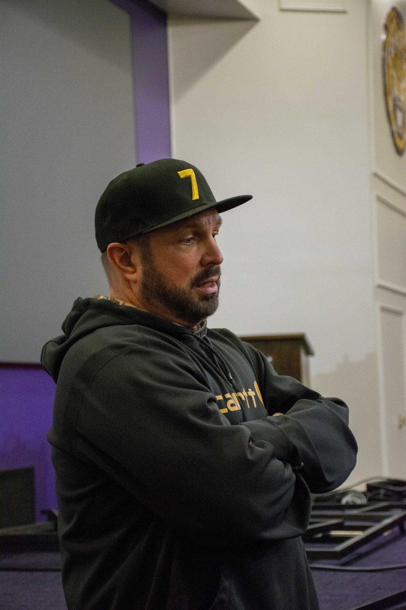 Country music star Garth Brooks speaks during a media availability, Friday, April 28, 2022, at Tiger Stadium ahead of his sold-out show Saturday night in Baton Rouge, La.