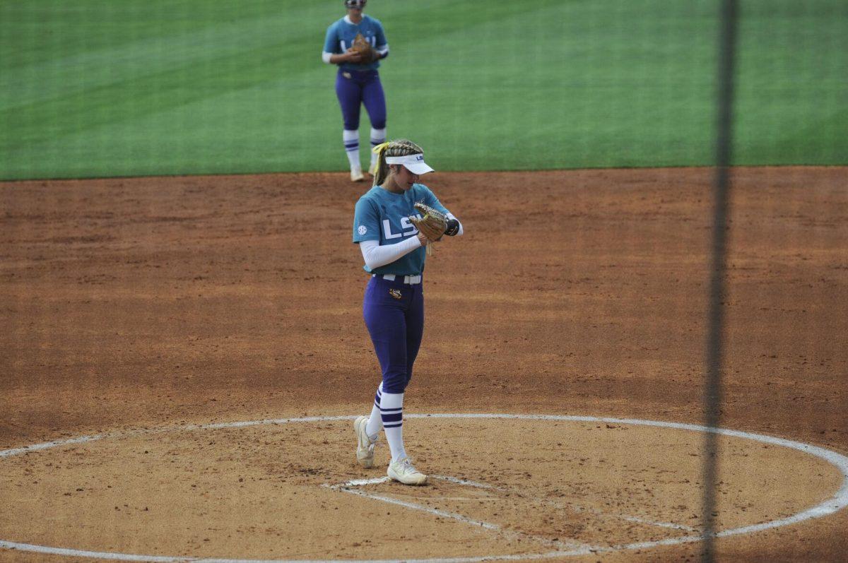 LSU redshirt junior pitcher Shelby Wickersham (11) pitches on the mound Saturday, April 30, 2022, during LSU&#8217;s 6-1 defeat against Florida at Tiger Park on Skip Bertman Drive in Baton Rouge, La.