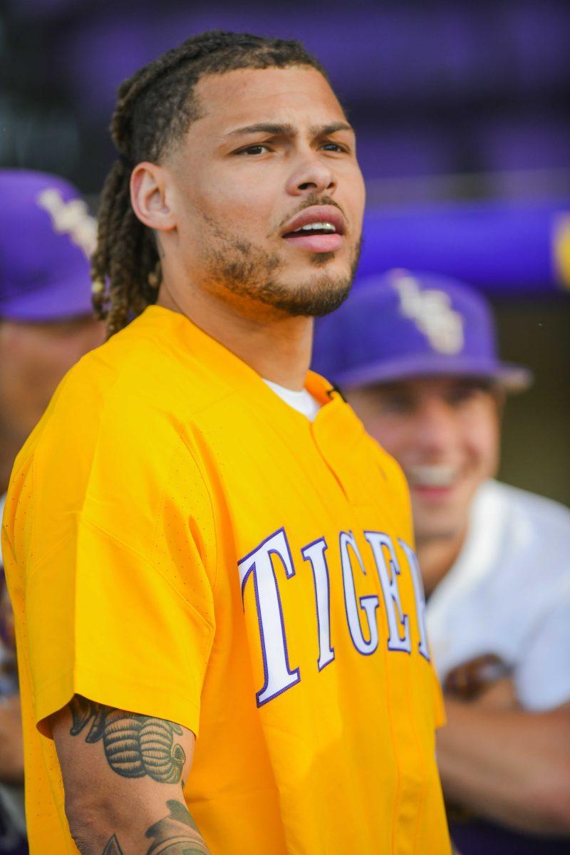 Former LSU football safety and Super Bowl Champion Tyrann Mathieu hangs out at the Box Tuesday, March 29, 2022 before LSU's 15-4 win against ULM at Alex Box Stadium on Gourrier Avenue in Baton Rouge, La.