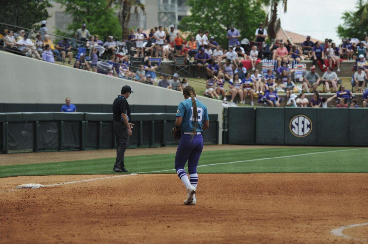 LSU sophomore infielder Danieca Coffey (13) walks back to third base Saturday, April 30, 2022, during LSU&#8217;s 6-1 defeat against Florida at Tiger Park on Skip Bertman Drive in Baton Rouge, La.