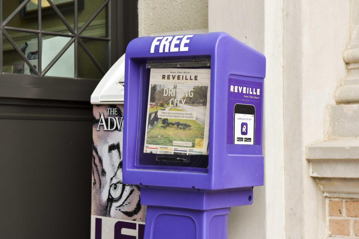 LSU Reveille newsstand sits Wednesday, March 9, 2022, in front of the Journalism Building on LSU&#8217;s campus in Baton Rouge, LA.