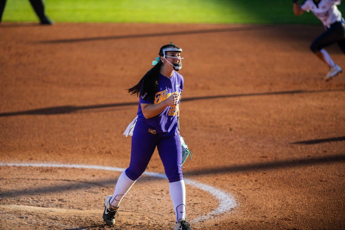 LSU softball 5th-year Senior pitcher/utility Shelbi Sunseri (27) celebrates her strike out Friday, Feb. 11, 2022, during the Tigers' 3-0 win against South Alabama at Tiger Park in Baton Rouge, La.