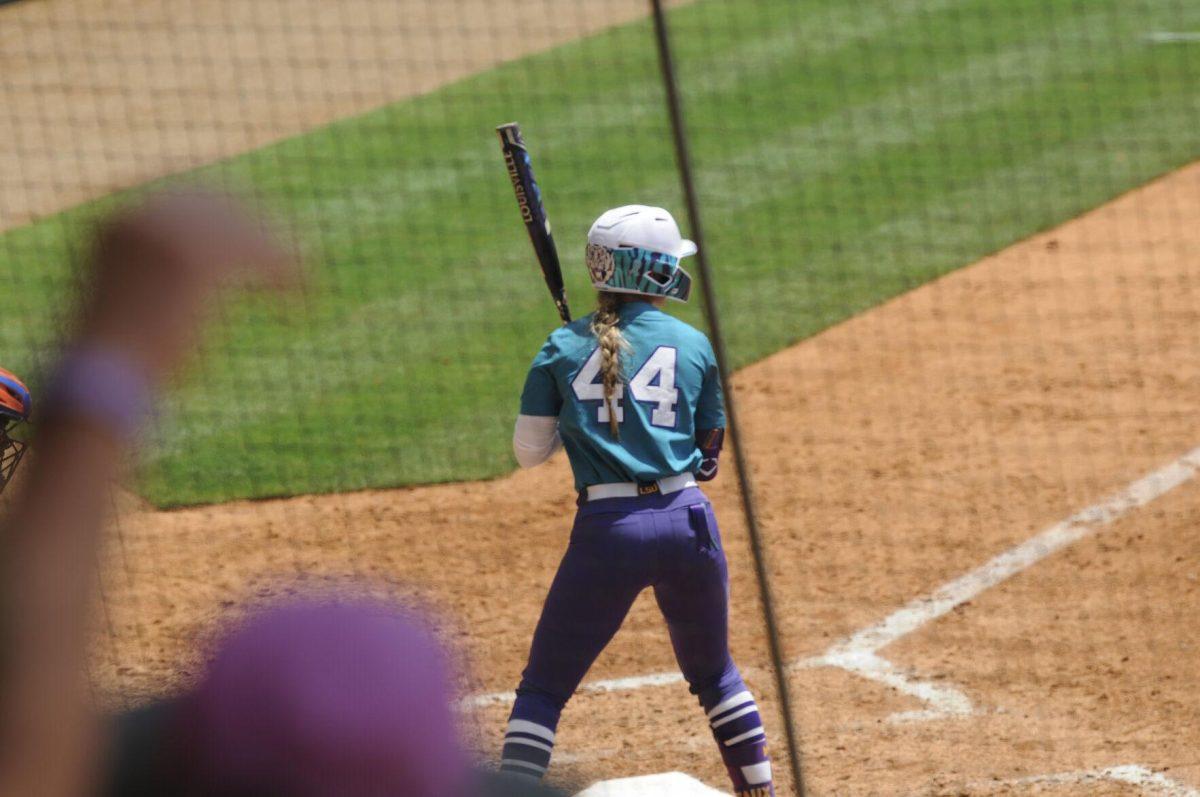 LSU sophomore outfielder Ali Newland (44) gets ready to swing Saturday, April 30, 2022, during LSU&#8217;s 6-1 defeat against Florida at Tiger Park on Skip Bertman Drive in Baton Rouge, La.