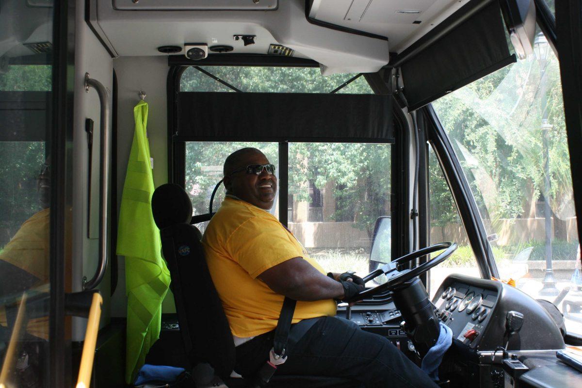 Tiger Trails bus driver David Alford smiles at a stop on Friday, May 20, 2022. Alfrod drives the Highland-Burbank route.