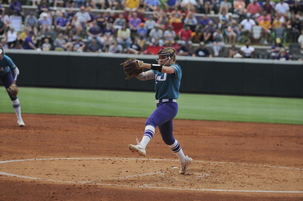 LSU redshirt junior pitcher Shelby Wickersham (11) pitches on the mound Saturday, April 30, 2022, during LSU&#8217;s 6-1 defeat against Florida at Tiger Park on Skip Bertman Drive in Baton Rouge, La.