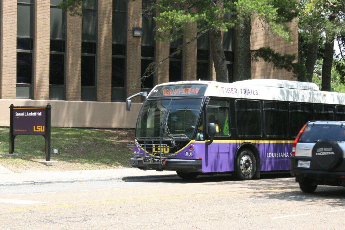 A Tiger Trails bus passes by Lockett Hall on Friday, May 20, 2022.