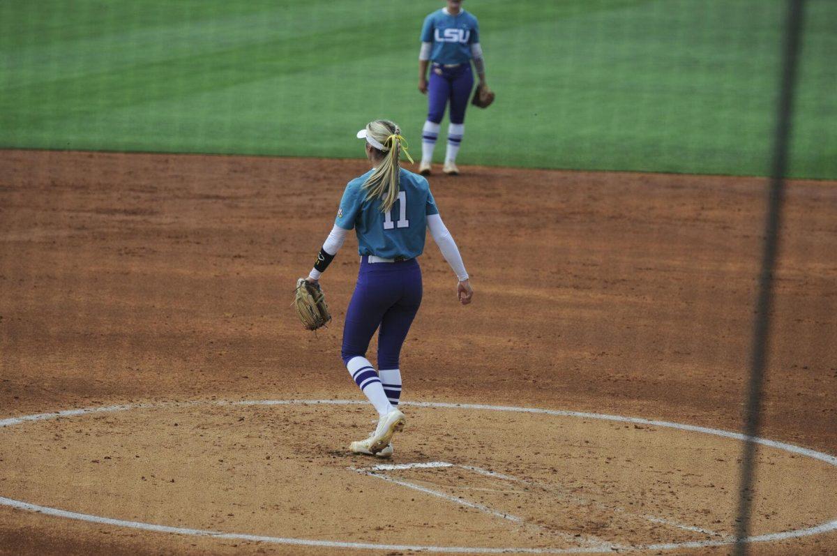 LSU redshirt junior pitcher Shelby Wickersham (11) pitches on the mound Saturday, April 30, 2022, during LSU&#8217;s 6-1 defeat against Florida at Tiger Park on Skip Bertman Drive in Baton Rouge, La.