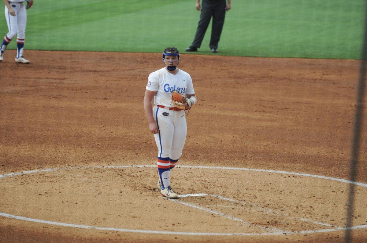 University of Florida freshman pitcher Lexie Delbrey (16) pitches on the mound Saturday, April 30, 2022, during LSU&#8217;s 6-1 defeat against Florida at Tiger Park on Skip Bertman Drive in Baton Rouge, La.