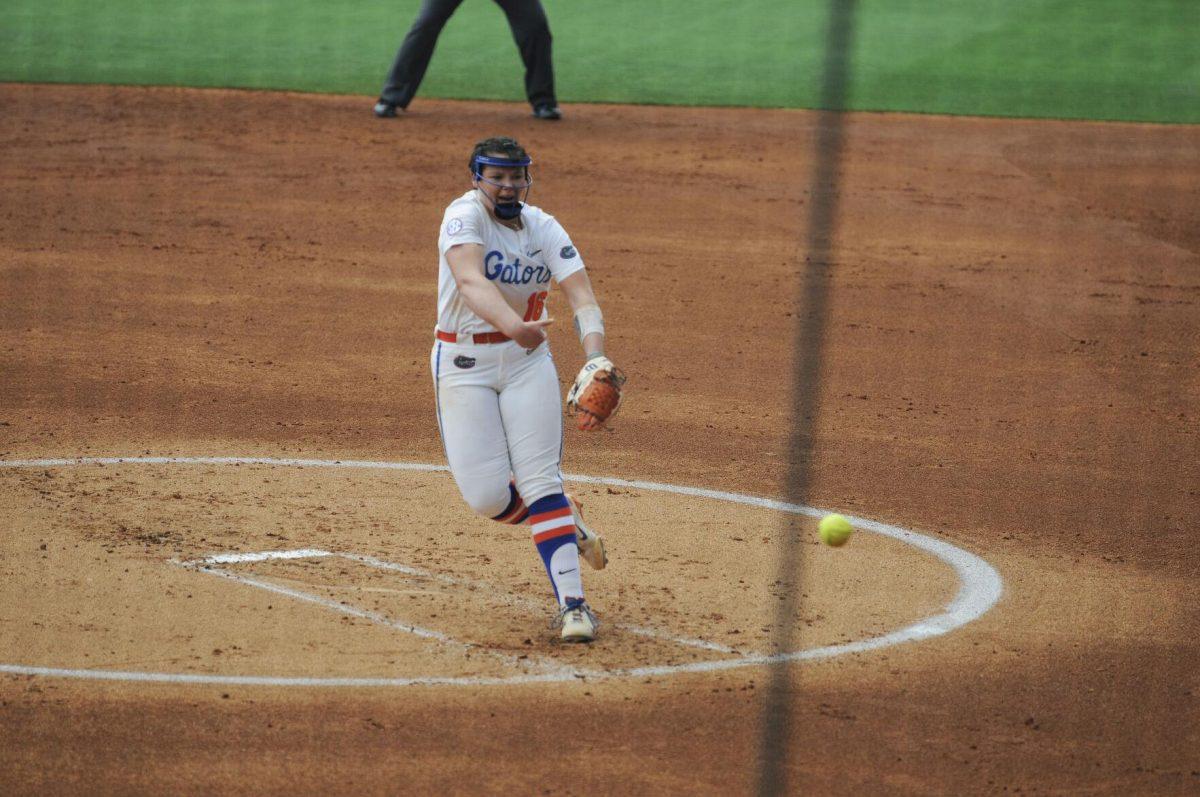 University of Florida freshman pitcher Lexie Delbrey (16) pitches on the mound Saturday, April 30, 2022, during LSU&#8217;s 6-1 defeat against Florida at Tiger Park on Skip Bertman Drive in Baton Rouge, La.