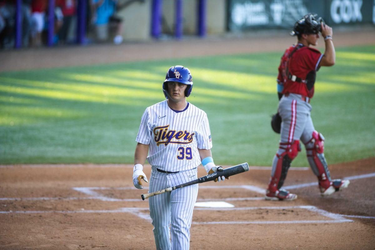 LSU baseball freshman outfielder Josh Pearson (39) walks back to the dugout Monday, May, 3, 2022, during the Tigers&#8217; 10-6 win against Nicholls at Alex Box Stadium in Baton Rouge, La.